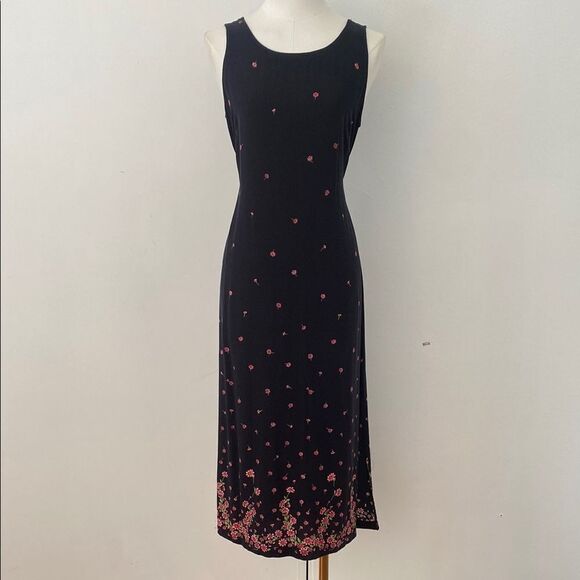 Vintage Navy Blue Floral 90's Tie Back Midi Dress Size Small/ Medium - Picture 2 of 14